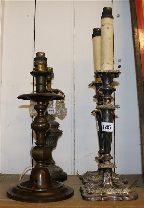 Pair of plated lamp bases and 2 metal lamp bases